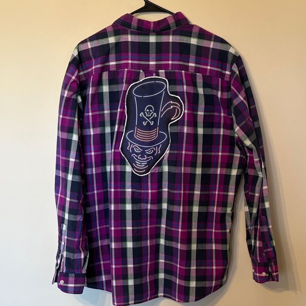 Chaps Mens XL Purple Plaid Button Down Shirt Upcycled Dr Facilier Graphic Patch